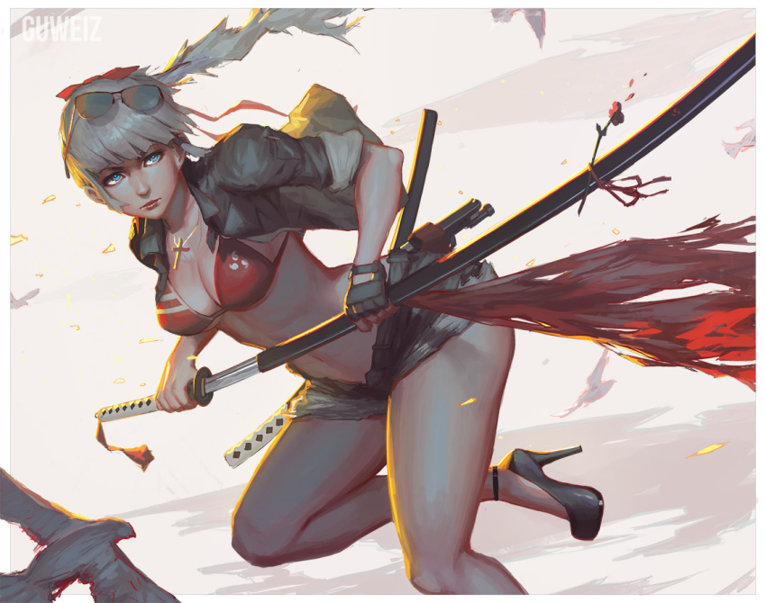 1girl animal anklet artist_name bikini bikini_top bird black_gloves black_shoes blue_eyes breasts cleavage collarbone cross cross_necklace expressionless fingerless_gloves flower flying gloves guweiz high_heels holding_sword holding_weapon jewelry katana lips long_sleeves looking_at_viewer midriff navel original plant pose red_bikini scabbard sheath shoes short_hair sideboob sidelocks silver_hair simple_background sleeves_pushed_up solo stomach sunglasses sunglasses_on_head swimsuit sword tassel thighs unsheathing weapon white_background