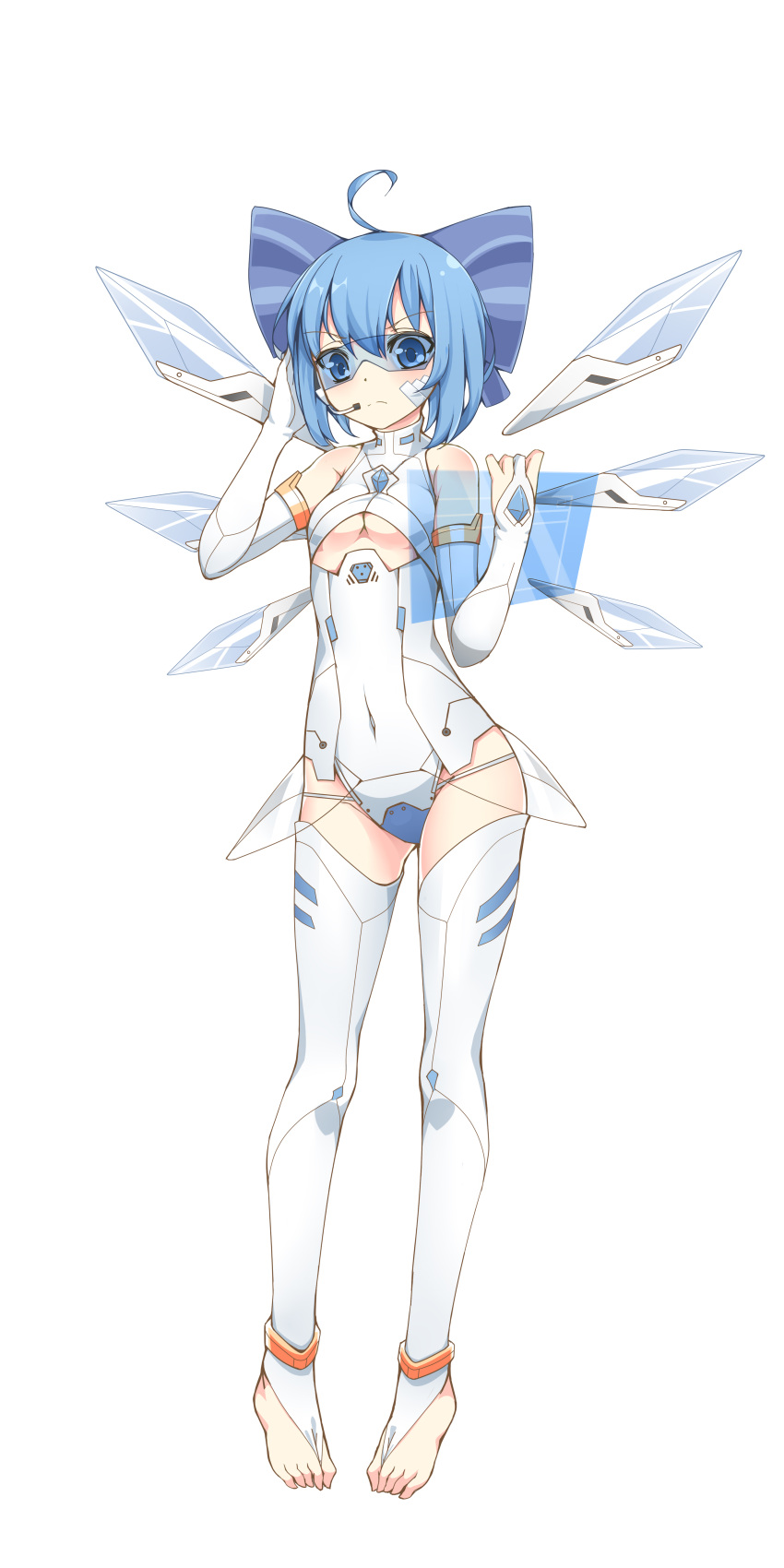 &gt;:( 1girl absurdres ahoge alternate_costume angry bangs bare_shoulders barefoot blue_eyes blue_hair blush bow breasts bridal_gauntlets cirno covered_navel facial_mark feet frown full_body gloves hair_bow halterneck hand_on_headphones headset highres hips holding ice ice_wings leotard looking_at_viewer mechanical_wings mismatched_gloves ootsuki_momiji partly_fingerless_gloves short_hair simple_background small_breasts solo standing thigh-highs toeless_legwear touhou turtleneck under_boob underboob_cutout white_background white_legwear wings
