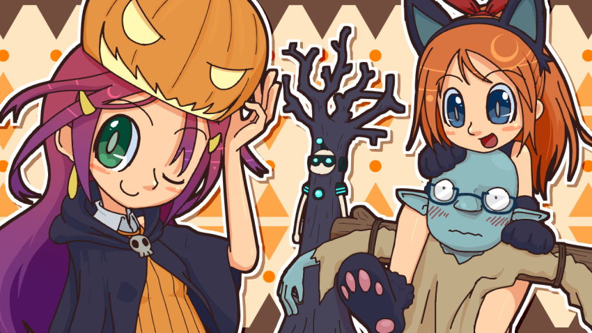 2boys 2girls animal_ears bangs bare_shoulders blue_eyes blush bold cat_ears costume cyborg_(terraria) glasses gloves goblin goblin_tinkerer green_eyes hair_ornament hairband halloween halloween_costume liczka long_hair looking_at_viewer mechanic_(terraria) multiple_boys multiple_girls one_eye_closed open_mouth orange_hair paw_gloves paw_shoes pointy_ears pumpkin purple_hair scarecrow semi-rimless_glasses shoes smile stylist_(terraria) terraria tree tree_costume