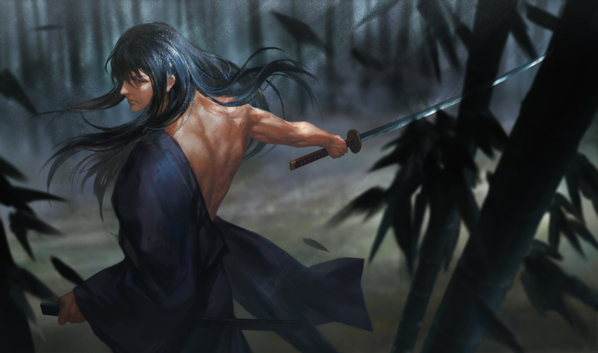 1boy back bamboo bamboo_forest blue_hair blurry closed_mouth depth_of_field falling_leaves floating_hair forest from_behind gintama hangleing holding_sword holding_weapon japanese_clothes katsura_kotarou long_hair looking_at_viewer looking_back male_focus motion_blur nature off_shoulder outdoors scabbard scratches sheath solo sword unsheathed upper_body weapon