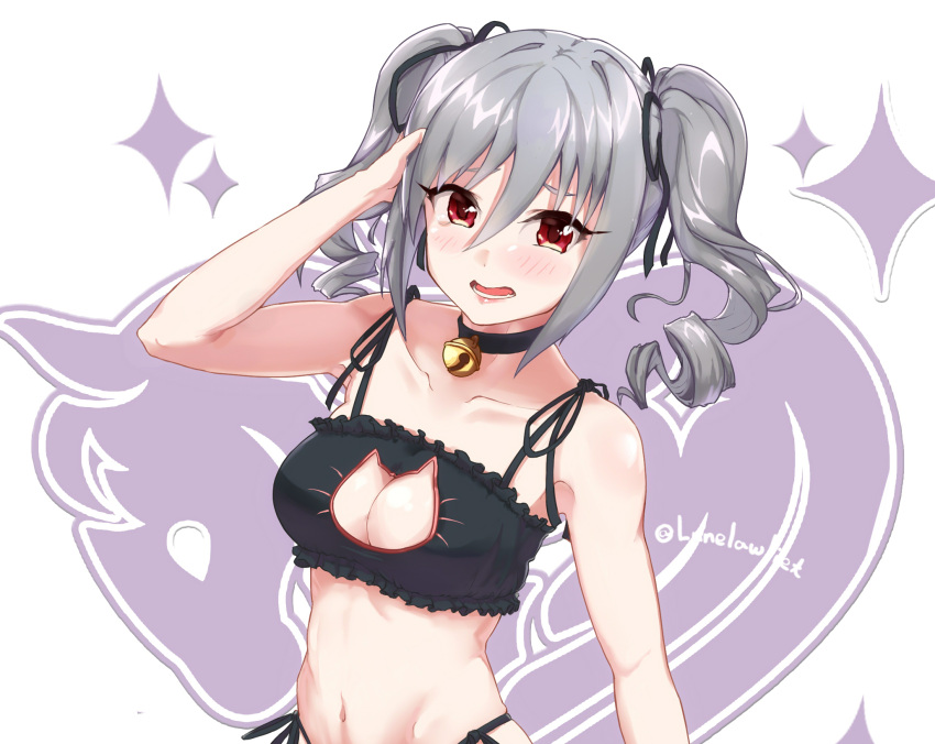 1girl artist_request blush bra breasts cat_cutout cat_ear_panties cat_keyhole_bra cat_lingerie cleavage_cutout drill_hair highres idolmaster idolmaster_cinderella_girls kanzaki_ranko looking_at_viewer panties red_eyes side-tie_panties silver_hair solo twin_drills twintails underwear underwear_only