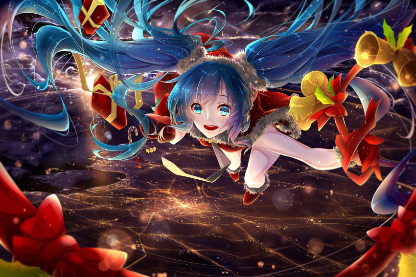 1girl aqua_eyes aqua_hair bell christmas floating_hair flying gift hatsune_miku highres long_hair night open_mouth phino solo sunrise twintails very_long_hair vocaloid