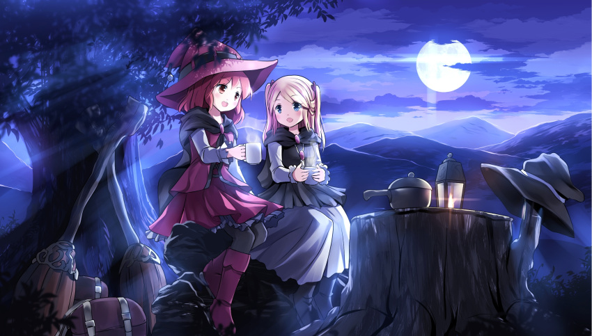 2girls bag blonde_hair blue_eyes brooch broom brown_eyes brown_hair capelet clouds cup full_moon hat hat_removed headwear_removed highres jewelry lamp moon multiple_girls night open_mouth original pot risutaru shirt sitting skirt skirt_set sky smile teacup tree twintails witch_hat