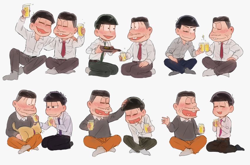 6+boys ;) alcohol bowl_cut brothers buck_teeth cat cup dress_shirt drinking_glass family father_and_son green_necktie grey_background hair_tousle highres indian_style male_focus matsuno_choromatsu matsuno_ichimatsu matsuno_juushimatsu matsuno_karamatsu matsuno_matsuzou matsuno_osomatsu matsuno_todomatsu multiple_boys necktie one_eye_closed osomatsu-kun osomatsu-san pouring red_necktie sake saytzeff seiza sextuplets shirt siblings simple_background sitting smile socks sweater toast_(gesture) wariza