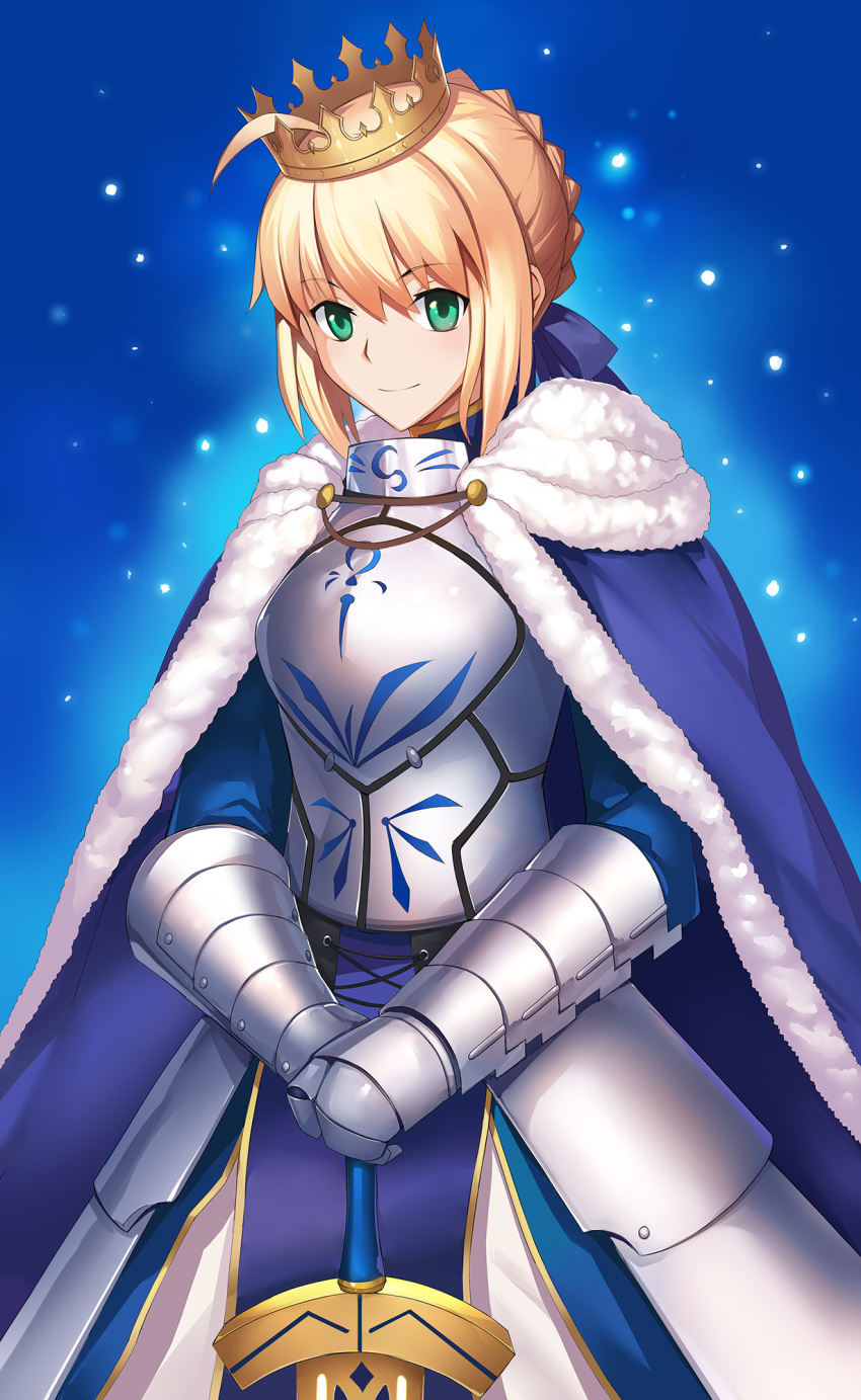 1girl ahoge armor blonde_hair breastplate cape crown dress fate/stay_night fate_(series) fur-trimmed_cape green_eyes highres planted_sword planted_weapon saber smile solo sword weapon yuki_(clydtc)