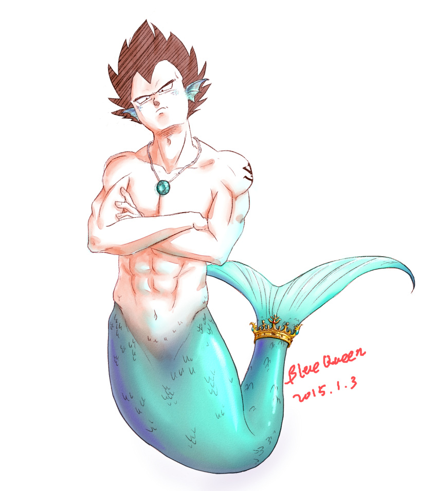 1boy abs artist_name blue_queen_(chana0) brown_hair crossed_arms crown dated dragon_ball dragon_ball_z fins frown full_body highres jewelry male_focus merman monster_boy muscle necklace pendant signature solo tattoo vegeta