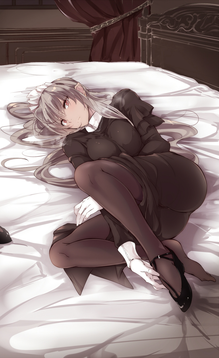 1girl ass bed black_dress black_legwear canopy_bed dress gloves highres long_hair lying maid maid_headdress on_bed on_side original pantyhose pointy_ears red_eyes silver_hair solo touma_kisa very_long_hair white_gloves