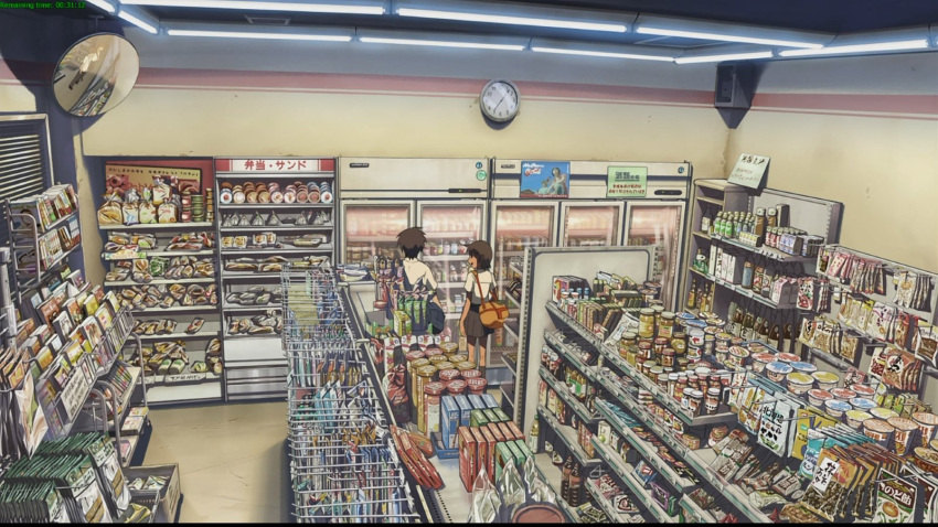 clock convenience_store highres mirror photorealistic screencap shinkai_makoto shop sumita_kanae toono_takaki