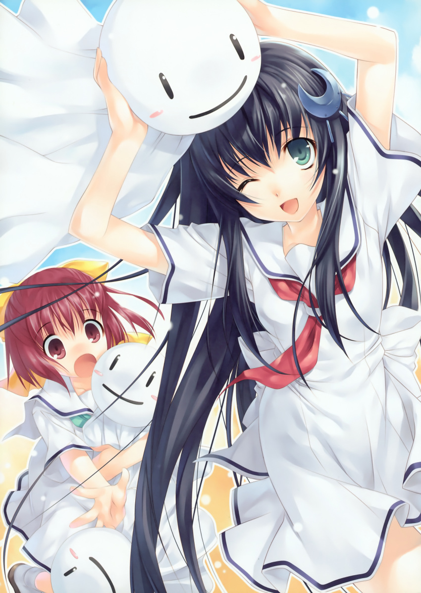 absurdres amesarasa black_hair chiyokawa_rin green_eyes hair_ornament highres keg multiple_girls red_eyes red_hair redhead sailor_dress sanbongi_yuki school_uniform