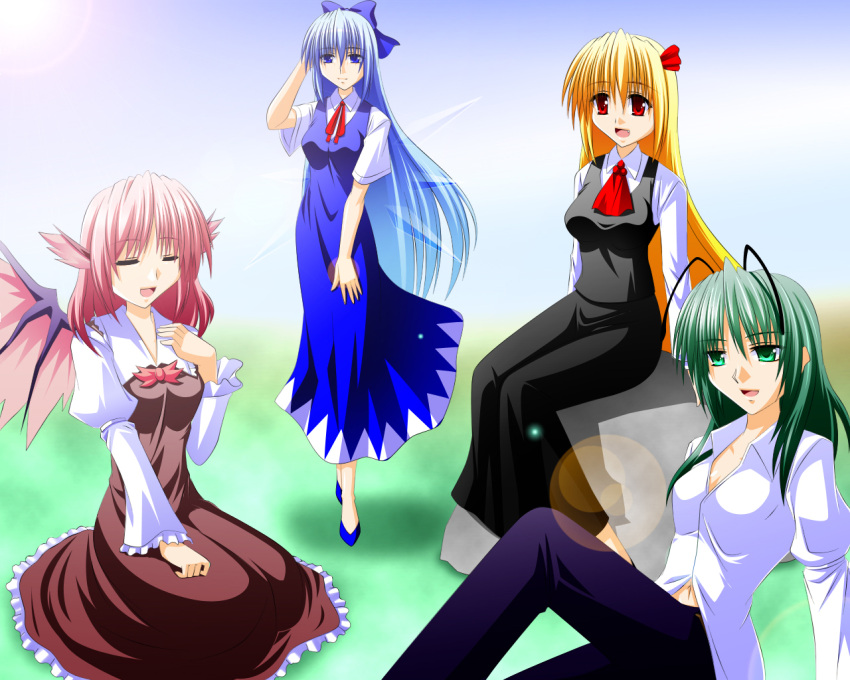 adult antennae blonde_hair blue_eyes blue_hair bow cirno closed_eyes dress engo_(aquawatery) fang green_eyes green_hair hair_bow ice lens_flare long_hair midriff multiple_girls mystia_lorelei open_clothes open_mouth open_shirt pants pink_hair red_eyes rumia shirt sitting team_9 touhou wings wriggle_nightbug