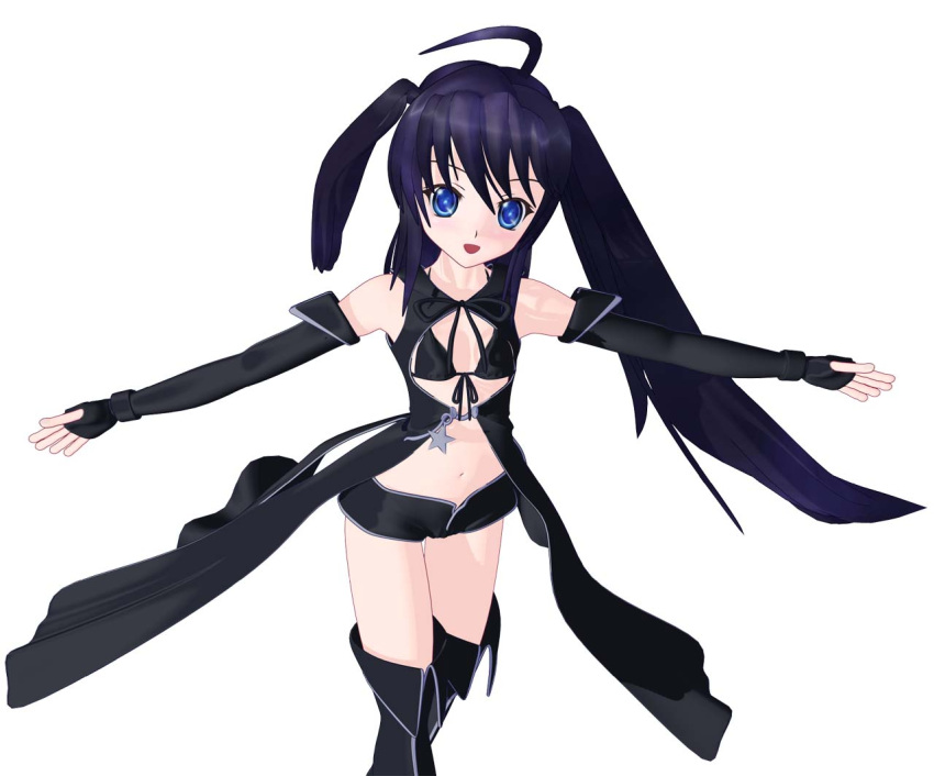 ahoge alternate_costume bikini black_hair black_rock_shooter black_rock_shooter_(character) blue_eyes boots flat_chest gloves laughing long_hair pilon swimsuit