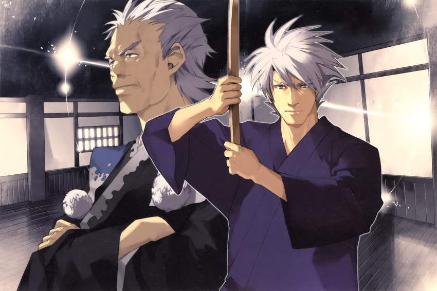 crossed_arms dojo fighting_stance grey_eyes highres japanese_clothes kataginu male old rishu_tougou samurai sanger_zonvolt short_hair silver_hair spiked_hair super_robot_wars super_robot_wars_original_generation sword weapon wooden_sword yuikawa_kazuno zengar_zombolt