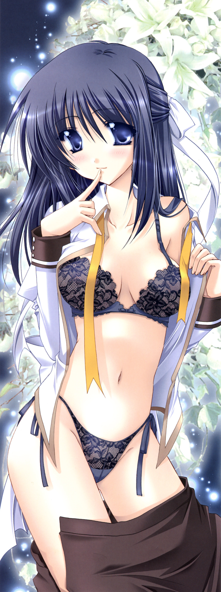 blue_eyes blue_hair blush bra flower highres lingerie open_clothes open_shirt panties ryuuga_shou school_uniform shirt side-tie_panties tsukushite_ageru_no tsukushite_ageru_no! underwear undressing wakamiya_hazuki