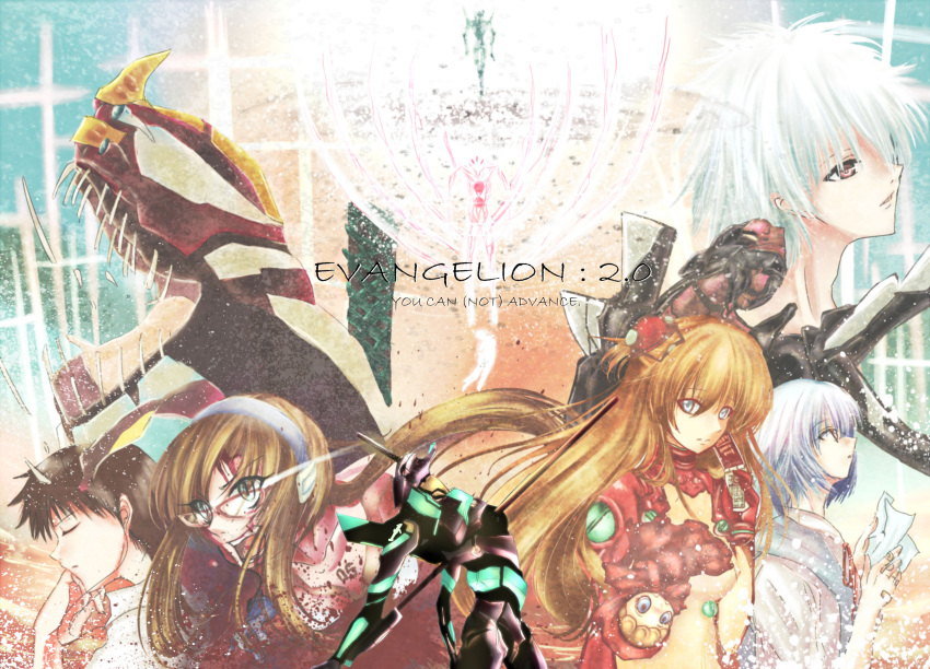 3girls androgynous ayanami_rei blood blue_eyes broken damage damaged eva_01 eva_02 eva_03 evangelion:_2.0_you_can_(not)_advance gallopwind glasses highres ikari_shinji long_hair makinami_mari_illustrious mecha multiple_boys multiple_girls nagisa_kaworu neon_genesis_evangelion rebuild_of_evangelion red_eyes shikinami_asuka_langley souryuu_asuka_langley spoilers