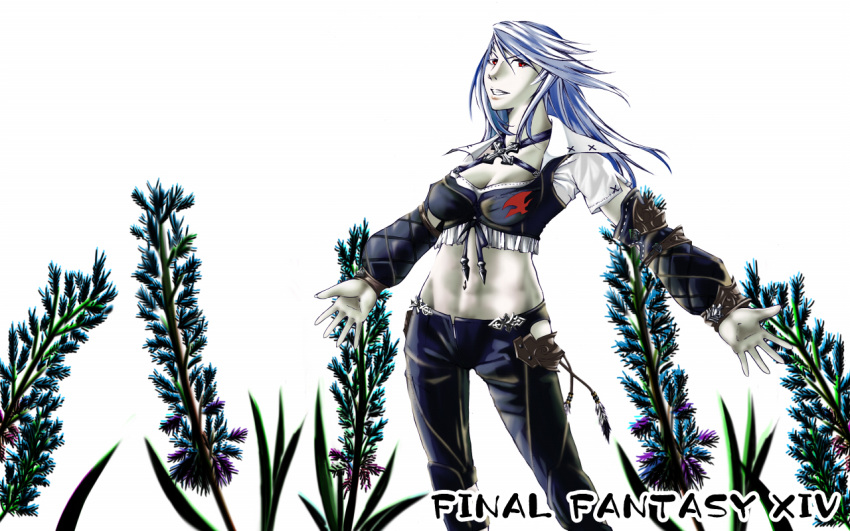 1girl breasts cleavage detached_sleeves final_fantasy final_fantasy_xiv flower grey_skin grin long_hair midriff navel ni-chan outstretched_arms pants red_eyes roegadyn silver_hair smile spread_arms