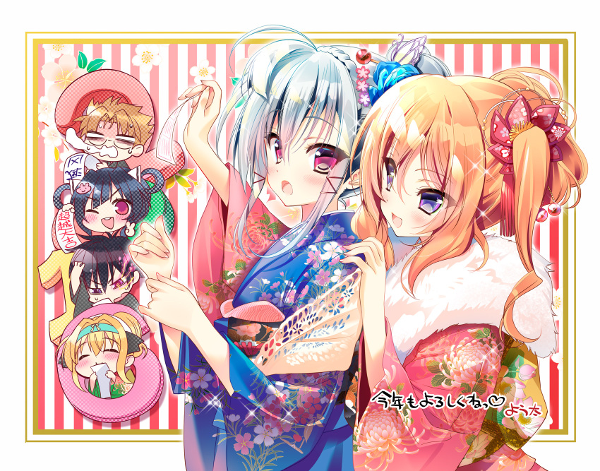 2016 2girls :d blonde_hair blue_eyes character_request charlotte_labpeyn eyes_visible_through_hair hair_ornament hair_up hand_on_another's_shoulder highres izure_shinwa_no_houkago_sensou japanese_clothes kimono looking_at_another looking_back multiple_girls nengajou new_year open_mouth ruirui_shishigane sidelocks silver_hair smile violet_eyes youta