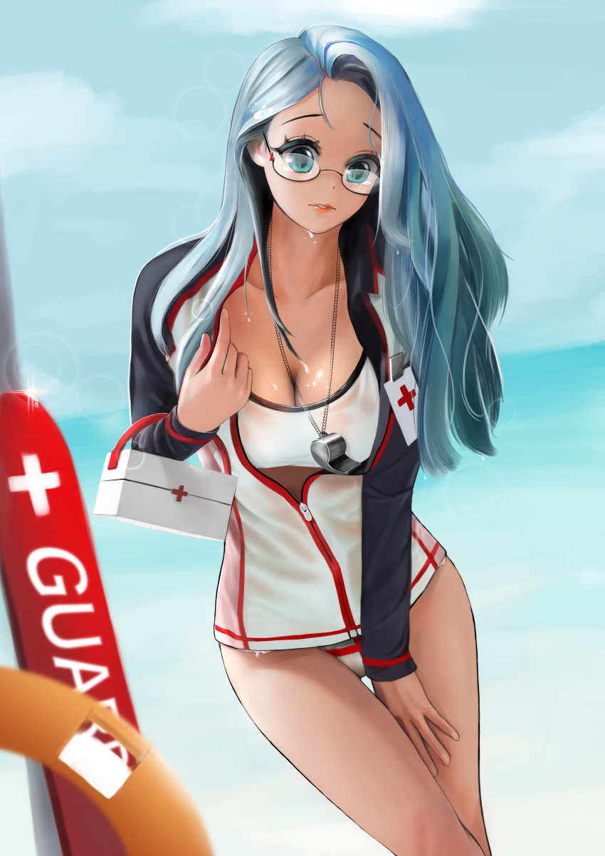 1girl absurdres beach bikini black-framed_glasses blue_eyes blue_hair blurry bokeh breasts cleavage damang depth_of_field dripping glasses highres jacket jacket_over_swimsuit lifeguard long_hair medicine_box ocean original outdoors red_cross red_lips see-through semi-rimless_glasses sky solo sparkle swimsuit thigh_gap under-rim_glasses unzipped wet wet_clothes white_bikini white_swimsuit zipper