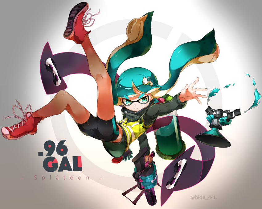 1girl agent_3 aqua_eyes aqua_hair bike_shorts copyright_name domino_mask falling gun hair_ornament hide448 highres holding_weapon ink_tank inkling long_sleeves looking_at_viewer mask paint_splatter shoes single_vertical_stripe sneakers solo splatoon sprinkler tentacle_hair turtleneck twitter_username vest weapon