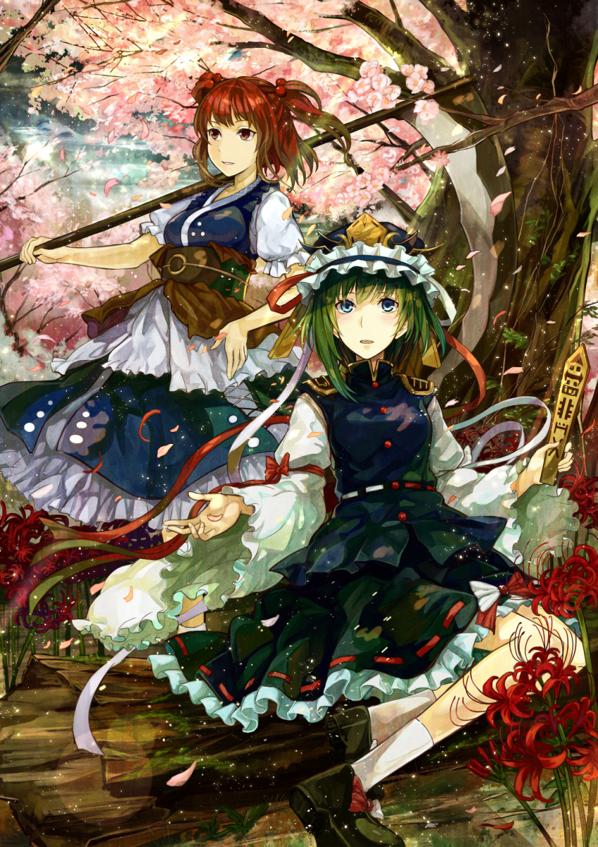 2girls against_tree arm_ribbon black_shoes blouse blue_eyes cherry_blossoms commentary_request flower frills full_body green_hair hair_bobbles hair_ornament hat highres holding japanese_clothes kazabana_fuuka long_sleeves multiple_girls nature onozuka_komachi open_eyes open_mouth outdoors petals puffy_short_sleeves puffy_sleeves red_eyes redhead ribbon rod_of_remorse scythe shiki_eiki shoes short_hair short_sleeves sitting skirt small_breasts socks spider_lily touhou tree twintails two_side_up under_tree vest wide_sleeves