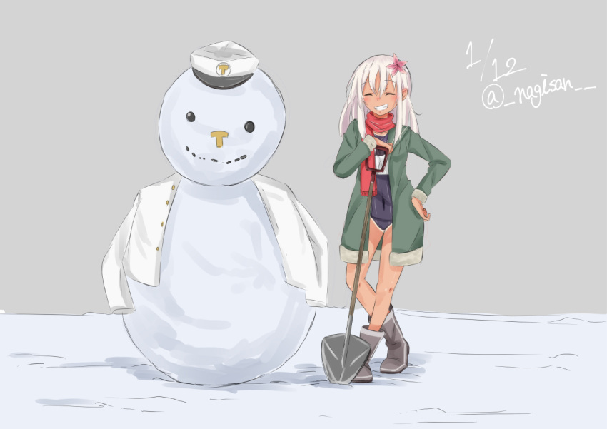 1girl closed_eyes covered_navel crop_top flower grin hair_flower hair_ornament hat kantai_collection military military_uniform nagisan one-piece_tan peaked_cap ro-500_(kantai_collection) sailor_collar school_swimsuit smile snow snowman solo swimsuit swimsuit_under_clothes tan tanline teeth uniform