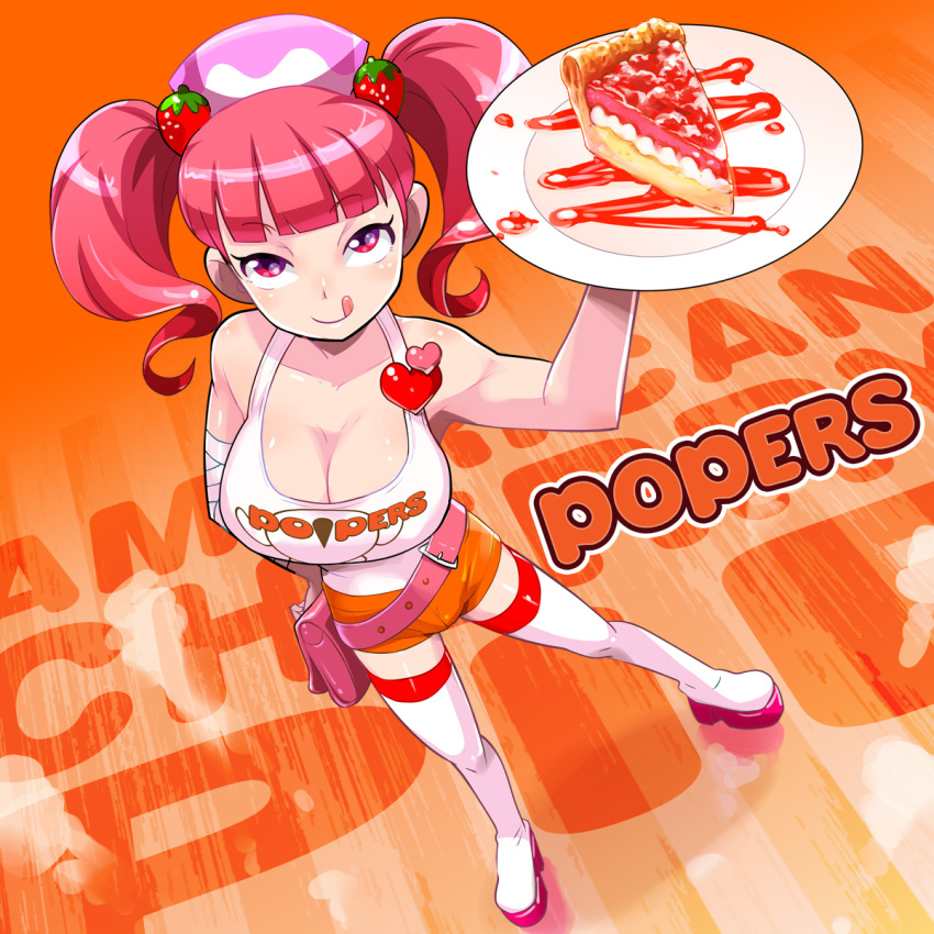 1girl :p bag bandages belt blush boots brand_name_imitation breasts cherry_pie cleavage clothes_writing employee_uniform food fruit hair_ornament hand_on_hip handbag heart highres hooters large_breasts looking_at_viewer milk_(pop'n_music) osamu_yagi pie pink_hair plate pop'n_music red_eyes short_hair short_shorts shorts smile solo strawberry tank_top thigh-highs thigh_boots tongue tongue_out twintails uniform