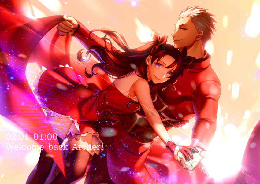 ! 1boy 1girl 2016 alternate_costume archer arkray belt black_hair black_legwear black_ribbon blue_eyes bow brown_hair character_name dark_skin dated dress english fate/stay_night fate_(series) gloves glowing hair_ornament highres holding holding_hands lace leaning_on_person lens_flare long_hair long_sleeves looking_at_viewer pants red_bow red_dress red_gloves red_ribbon ribbon shade sleeveless sleeveless_dress smile smirk thigh-highs toosaka_rin two_side_up white_hair