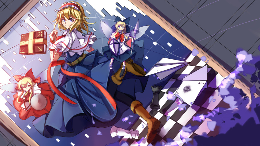 1girl ace_of_spades aiming_at_viewer alice_margatroid belt black_legwear blonde_hair blue_dress blue_eyes blue_shirt blue_skirt book boots bow brown_boots capelet card checkered checkered_floor cityscape dress fairy_wings gm_12re grimoire_of_alice hair_bow hand_up highres hourai_doll lance leaning_back long_hair long_skirt pantyhose paper_airplane perspective playing_card polearm puppet_rings puppet_strings red_dress red_eyes ribbon shanghai_doll shield shirt short_hair sidelocks sketch skirt smile solo touhou weapon white_legwear wings wristband