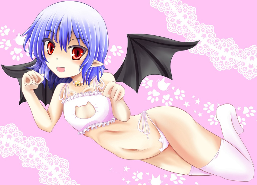 1girl :d alternate_costume bat_wings bell bell_choker blue_hair cat_cutout cat_ear_panties cat_keyhole_bra cat_lingerie choker cleavage_cutout eyebrows eyebrows_visible_through_hair flying frills jingle_bell kitora_(kisekinonameko) looking_at_viewer navel no_shoes open_mouth panties paw_pose paw_print pink_background pointy_ears red_eyes remilia_scarlet short_hair side-tie_panties smile solo stomach thigh-highs touhou underwear underwear_only white_legwear white_panties wings