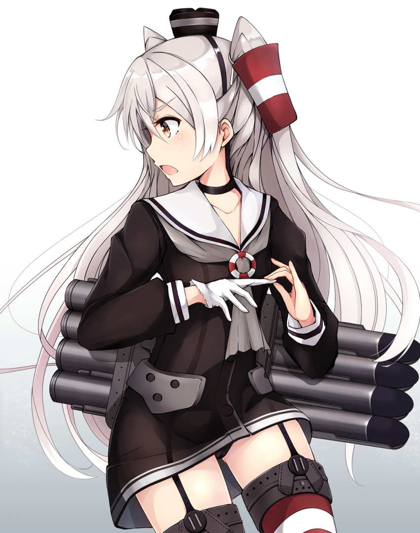 1girl amatsukaze_(kantai_collection) black_panties brown_eyes choker colis_(regunm772) dress garter_straps gloves hair_tubes highres kantai_collection looking_to_the_side open_mouth panties red_legwear sailor_collar sailor_dress short_dress silver_hair simple_background single_glove solo striped striped_legwear thigh-highs two_side_up underwear white_gloves windsock
