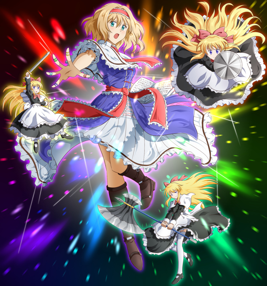 2girls aiming_at_viewer alice_margatroid alternate_color alternate_eye_color anime_coloring apron aura battle_axe black_dress black_shoes blonde_hair blue_dress blue_eyes blush book boots bow breasts brown_boots capelet dress frilled_apron frilled_dress frills full_body green_eyes hair_bow hand_up highres holding_axe holding_sword holding_weapon layered_dress leg_up light_particles long_hair long_sleeves looking_at_viewer multiple_girls ohoho open_book open_hand open_mouth puppet_rings puppet_strings rainbow_order ribbon shanghai_doll shiny shiny_hair shoes smug solo sword thigh-highs touhou very_long_hair waist waist_apron weapon white_dress white_legwear