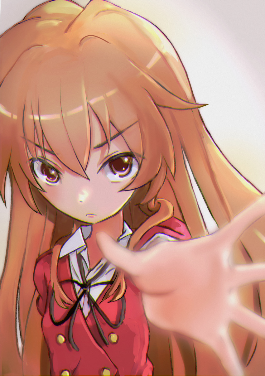 1girl absurdres aisaka_taiga bangs black_ribbon blazer blurry blurry_foreground breasts brown_eyes brown_hair closed_mouth collared_shirt commentary_request eyebrows_behind_hair grey_background hair_between_eyes highres jacket light_blush long_hair long_sleeves looking_at_viewer neck_ribbon oohashi_high_school_uniform outstretched_hand partial_commentary reaching_out red_jacket ribbon school_uniform shirt small_breasts solo toradora! toritoratori upper_body v-shaped_eyebrows white_shirt