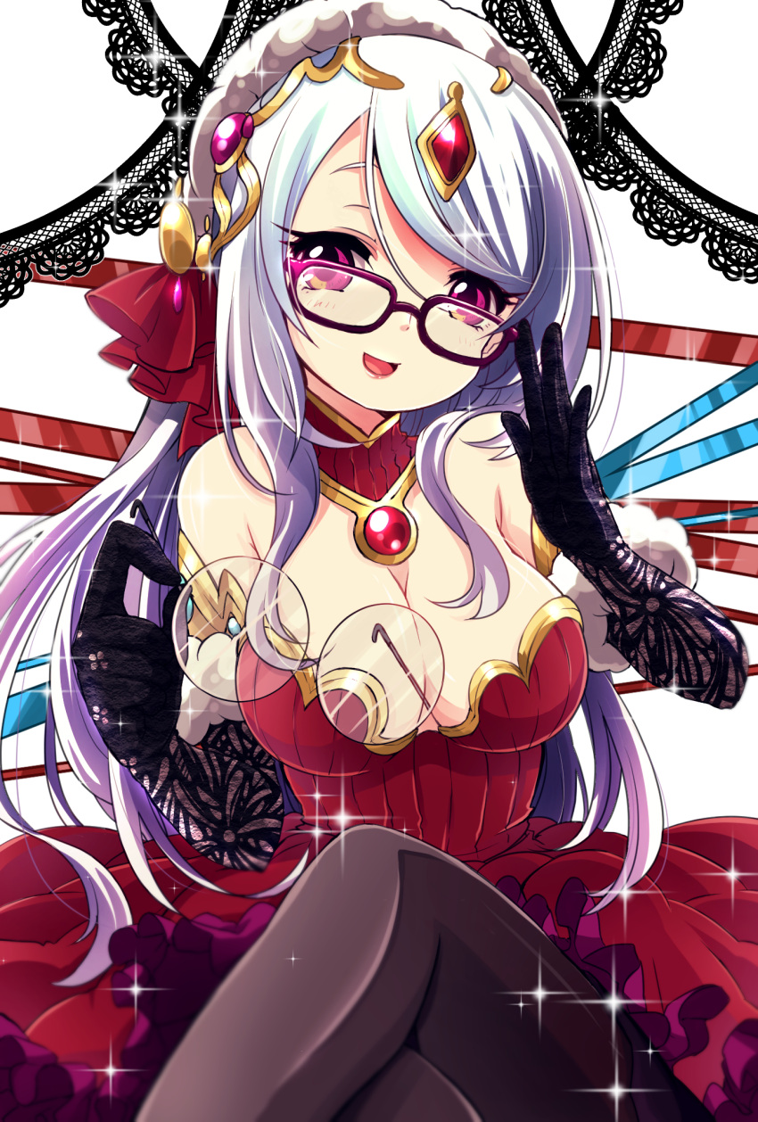 1girl adjusting_glasses bare_shoulders black_gloves breasts cleavage crossed_legs dress elbow_gloves fur_trim glasses glasses_removed gloves hair_ornament highres long_hair pantyhose pikomarie purple-framed_glasses puzzle_&amp;_dragons see-through silver_hair sitting smile solo sparkle urd_(p&amp;d) violet_eyes