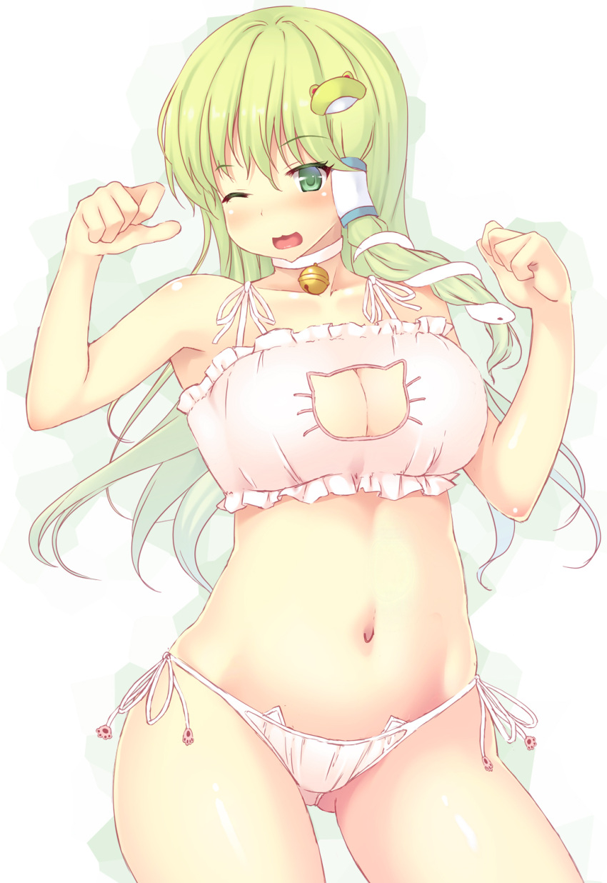 1girl bell bell_choker blush bra cat_cutout cat_ear_panties cat_lingerie ceavage choker cleavage_cutout collarbone frog_hair_ornament green_eyes green_hair hair_ornament highres ichio kochiya_sanae long_hair navel one_eye_closed open_mouth panties side-tie_panties smile snake_hair_ornament solo touhou underwear underwear_only very_long_hair white_bra white_panties