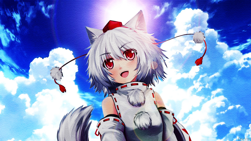 1girl animal_ears bare_shoulders blue_sky breasts detached_sleeves hat inubashiri_momiji lapres leaf looking_up maple_leaf open_mouth pom_pom_(clothes) red_eyes shield short_hair silver_hair sky solo tail tokin_hat touhou wallpaper wide_sleeves wolf_ears wolf_tail
