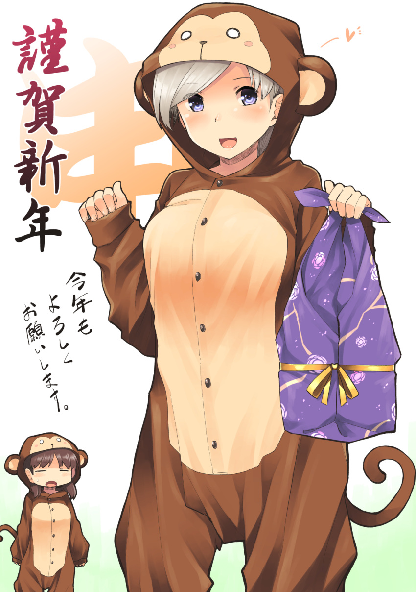 2girls aaru_(tenrake_chaya) alternate_costume animal_costume animal_ears blue_eyes blush breasts brown_hair buttons chitose_(kantai_collection) chiyoda_(kantai_collection) closed_eyes happy_new_year heart highres holding kantai_collection large_breasts long_sleeves looking_at_viewer monkey_costume monkey_ears monkey_tail multiple_girls new_year open_mouth short_hair silver_hair sleeves_past_wrists sweatdrop translated