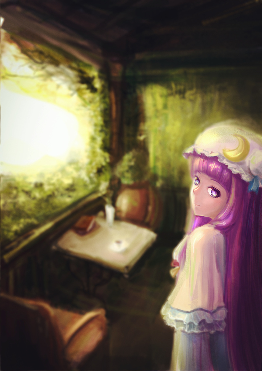1girl bangs blurry_background book bush capelet chair crescent_moon_pin cup day dress hair_ribbon hat hat_ornament highres indoors kongxia_zhi_yu long_hair long_sleeves looking_at_viewer looking_back mob_cap patchouli_knowledge plant potted_plant purple_dress purple_hair ribbon saucer shiny shiny_hair smile solo sunlight table teacup touhou tree tress_ribbon very_long_hair violet_eyes