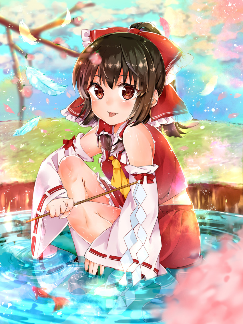 1girl absurdres ascot blush brown_eyes brown_hair cherry_blossoms detached_sleeves feathers fish full_body gohei goldfish hair_ornament hair_ribbon hair_tubes hakurei_reimu highres japanese_clothes long_sleeves looking_at_viewer miko partially_submerged petals ponytail ribbon samayoi shirt shoes short_hair skirt skirt_set smile socks solo squatting tongue tongue_out touhou water wet white_legwear wide_sleeves