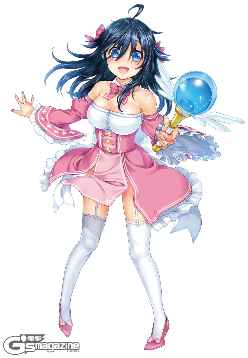 1girl :d absurdres ahoge bare_shoulders black_hair blue_eyes blush breasts cleavage detached_sleeves foreshortening frilled_sleeves frills full_body garter_straps hair_ribbon highres hisashi_(nekoman) large_breasts long_hair looking_at_viewer netoge_no_yome_wa_onna_no_ko_janai_to_omotta? open_mouth ribbon skindentation smile standing strapless tamaki_ako thigh-highs wand white_background white_legwear wide_sleeves