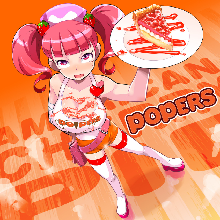 1girl bag bandages belt blush boots brand_name_imitation breasts cherry_pie cleavage clothes_writing employee_uniform food food_on_body fruit hair_ornament hand_on_hip handbag heart highres hooters large_breasts looking_at_viewer milk_(pop'n_music) open_mouth osamu_yagi pie pink_hair plate pop'n_music red_eyes short_hair short_shorts shorts smile solo strawberry tank_top tears thigh-highs thigh_boots twintails uniform