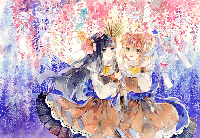2girls :d ahoge bangs black_hair blue_bow blue_eyes blue_nails blunt_bangs bow brown_hair brown_skirt brown_vest capelet cardcaptor_sakura cherry_blossoms closed_mouth daidouji_tomoyo flower frills glass green_eyes green_nails hair_bow hair_flower hair_ornament holding holding_umbrella kinomoto_sakura lace-trimmed_skirt long_hair long_sleeves looking_at_another looking_at_viewer matching_outfit multiple_girls nail_polish open_mouth oriental_umbrella paper pink_flower rei_(456789io) sash shared_umbrella shirt short_hair skirt skirt_set smile traditional_media two_side_up umbrella very_long_hair watercolor_(medium) white_bow white_shirt wind_chime wisteria yellow_bow