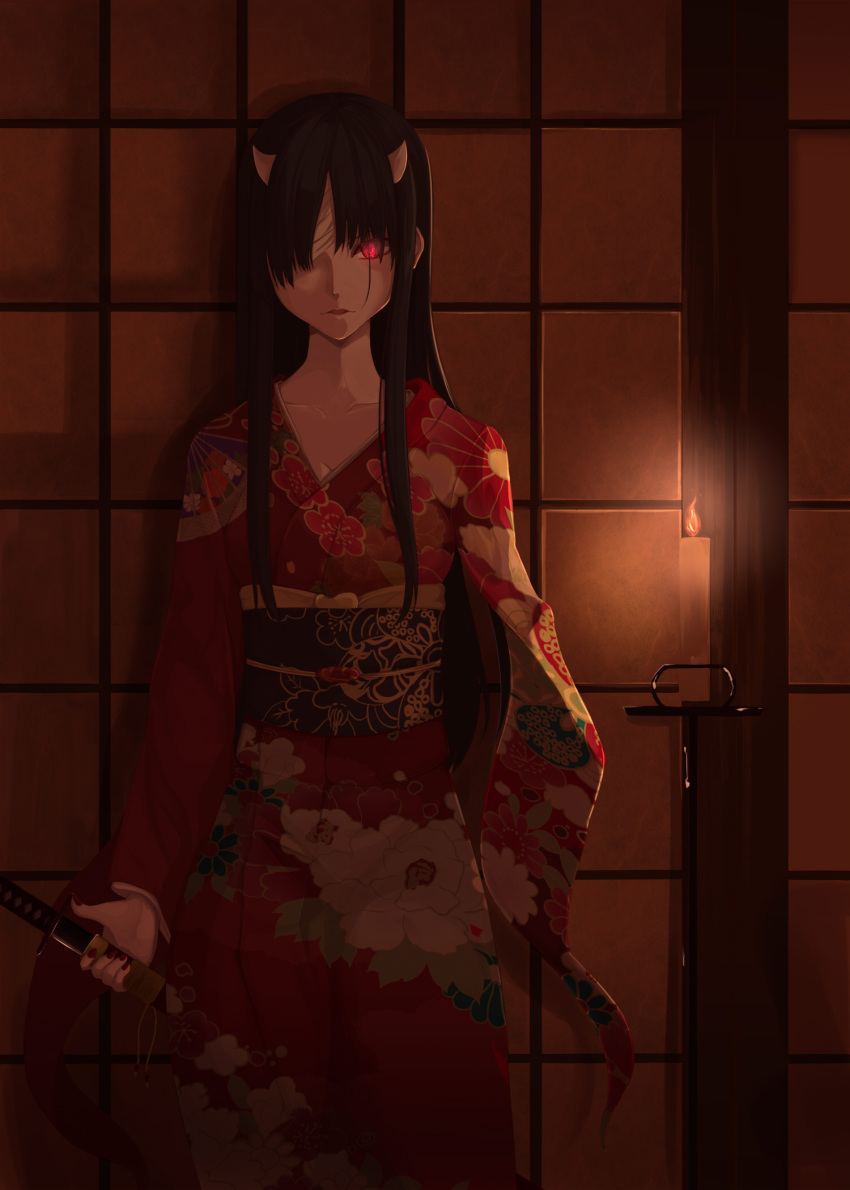 1girl amputee bandaged_head black_hair candle candlelight chain_chronicle collarbone highres holding_sword holding_weapon horns japanese_clothes katana kimono long_hair looking_at_viewer mirufi-yu nail_polish oni parted_lips red_eyes red_nails sash sheath sheathed solo sword weapon