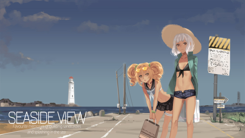 2girls arms_behind_back bag beach bikini blonde_hair brown_eyes crop_top deras front-tie_top hat leaning_forward lighthouse midriff multiple_girls navel open_clothes open_shirt original road sand scenery shirt shopping_bag short_hair short_shorts shorts silver_hair skirt sunglasses sunglasses_on_head swimsuit twintails water yellow_eyes