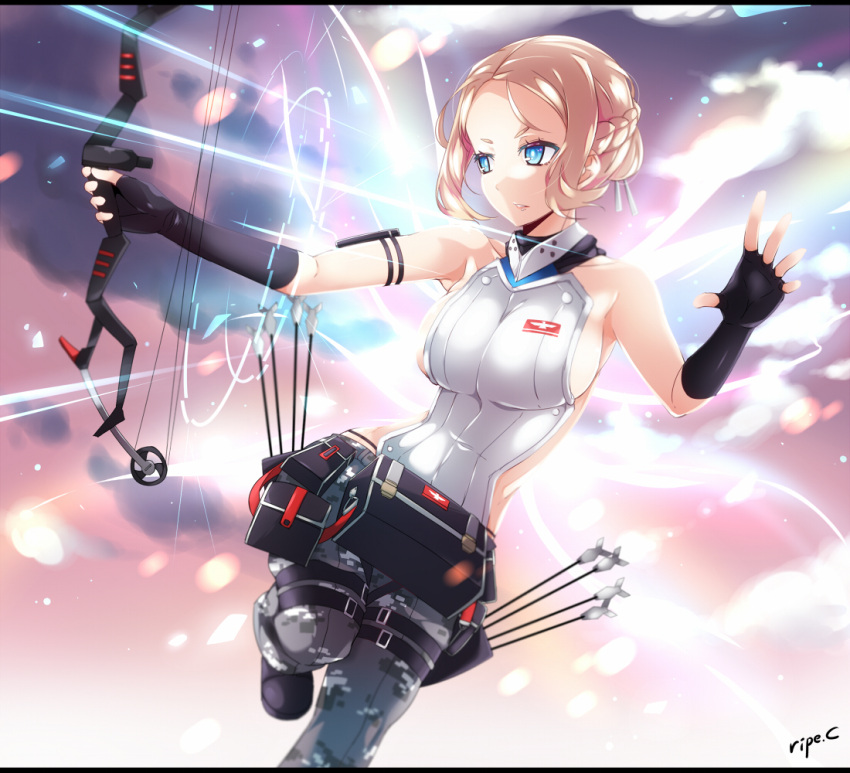 1girl archery armpits arrow artist_name bag bare_shoulders belt belt_pouch black_gloves black_shoes blonde_hair blue_eyes blurry bokeh bow_(weapon) braid breasts character_request closers depth_of_field gloves glowing hair_ornament large_breasts larten_crepsley letterboxed long_hair looking_to_the_side parted_lips pink_lips quiver ripe.c shoes sideboob signature sleeveless solo standing standing_on_one_leg thigh_strap weapon wings