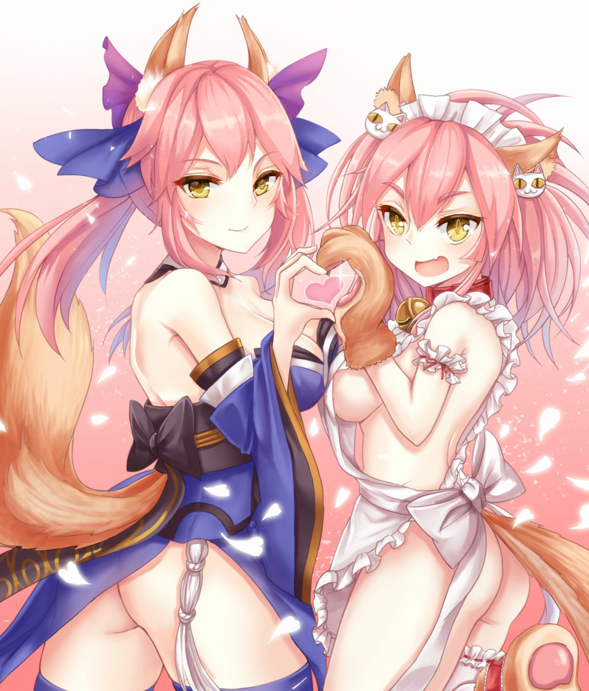 2girls :d animal_ears apron arm_garter ass bare_shoulders bell bell_collar black_bow blue_hair bow breast_press breasts caster_(fate/extra) cat_hair_ornament cleavage closed_mouth collar cowboy_shot detached_collar detached_sleeves eyebrows eyebrows_visible_through_hair fang fate/extra fate/grand_order fate_(series) fox_ears fox_tail frills from_side garters gloves gradient gradient_background gradient_hair hair_bow hair_ornament hair_ribbon heart heart_hands heart_hands_duo highres japanese_clothes long_hair looking_at_viewer maid_headdress multicolored_hair multiple_girls naked_apron no_panties obi open_mouth paw_gloves paw_shoes petals pink_background pink_hair red_ribbon ribbon ribbon-trimmed_legwear ribbon_trim sash shoes sideboob smile symmetrical_docking tail tamamo_cat_(fate/grand_order) tassel thigh-highs twintails white_apron white_legwear white_ribbon yellow_eyes yuemanhuaikong