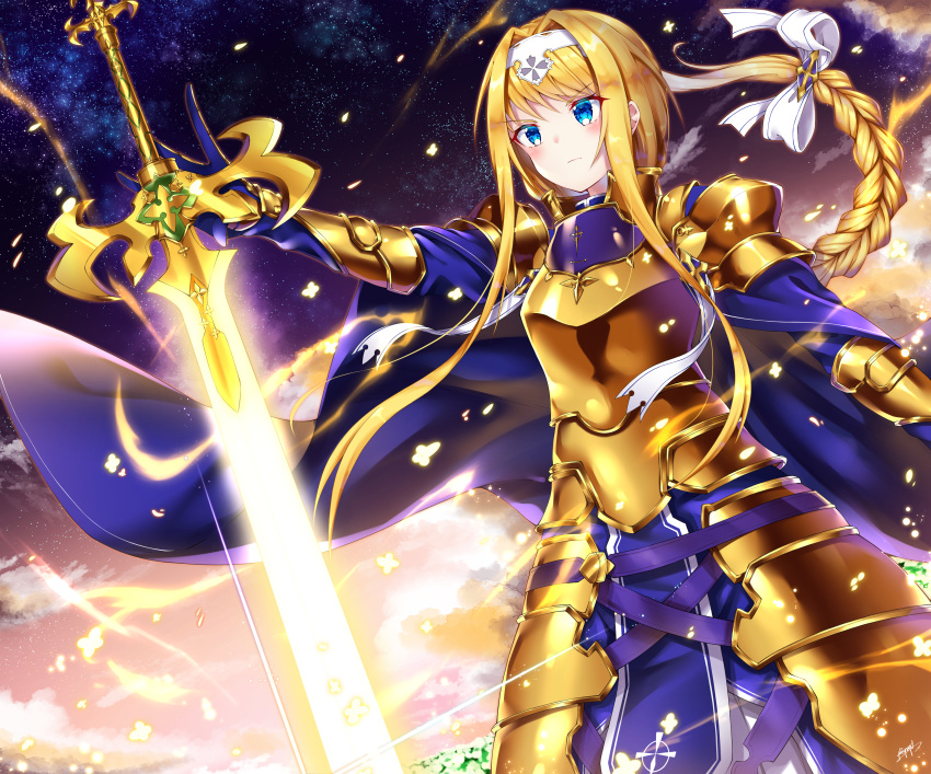 1girl absurdres alice_schuberg armor armored_dress blonde_hair blue_eyes blue_gloves blush bow braided_ponytail closed_mouth dress dutch_angle eyebrows_visible_through_hair faulds floating_hair from_below gloves hair_bow hair_intakes hairband highres huge_filesize long_hair night night_sky niyu_n_iyun osmanthus_blade ponytail reaching shoulder_armor sky smile solo spaulders star_(sky) starry_sky sword sword_art_online very_long_hair weapon white_bow white_hairband yellow_dress