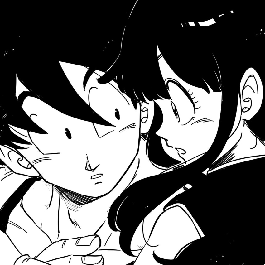 1boy 1girl bangs black_eyes black_hair chi-chi_(dragon_ball) commentary_request couple dragon_ball expressionless eye_contact eyelashes fingernails hetero highres looking_at_another monochrome open_mouth son_gokuu tkgsize
