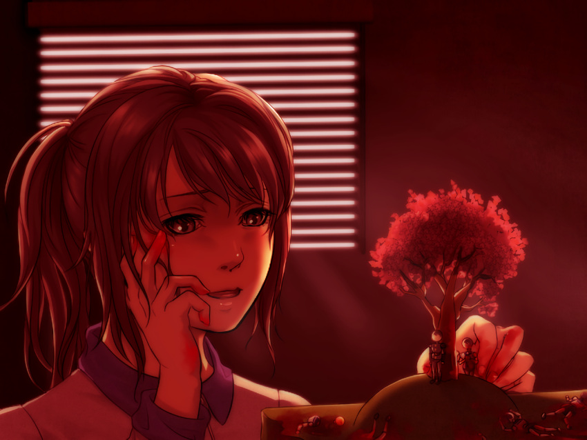 1girl blinds character_doll cherry_blossoms fake_blood hand_on_own_face model paint solo window yandere-chan yandere_simulator yandere_trance