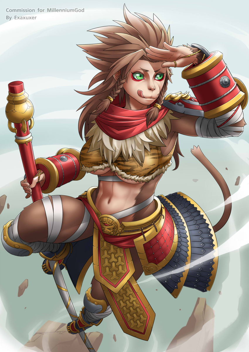 1girl :q bandaged_arm bandaged_leg braid breasts brown_hair exaxuxer eyeliner faulds furry genderswap green_eyes highres league_of_legends long_hair makeup midriff monkey_girl monkey_tail navel shading_eyes side_braid snout solo staff tongue tongue_out twin_braids under_boob wukong