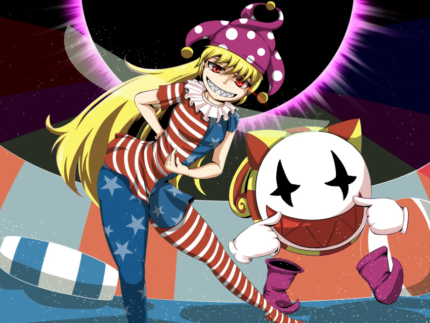 1girl american_flag_legwear american_flag_shirt blonde_hair clownpiece creature epic_armageddon fairy_wings hat jester_cap joka_(klonoa) kaze_no_klonoa long_hair red_eyes sharp_teeth teeth touhou wings