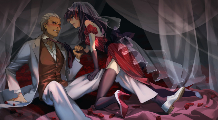 1boy 1girl alternate_costume archer arm_support bare_shoulders black_bow black_gloves black_hair black_legwear blue_eyes blush bow brown_necktie brown_vest carrot_(supercarrot) clenched_teeth collared_shirt curtains detached_sleeves dress dress_shirt eye_contact fate/stay_night fate_(series) formal frills gloves hair_ribbon hand_on_another's_thigh hetero high_heels jacket kneeling lipstick long_hair long_sleeves looking_at_another makeup necktie necktie_grab on_bed orange_eyes petals puffy_sleeves pulled_by_another pulling red_dress red_flower red_lipstick red_ribbon ribbon sash see-through shirt shoes sitting smile suit teeth thigh-highs toosaka_rin undone_necktie untied veil vertical-striped_dress vertical_stripes vest white_hair white_jacket white_legwear white_shirt white_shoes wrist_grab
